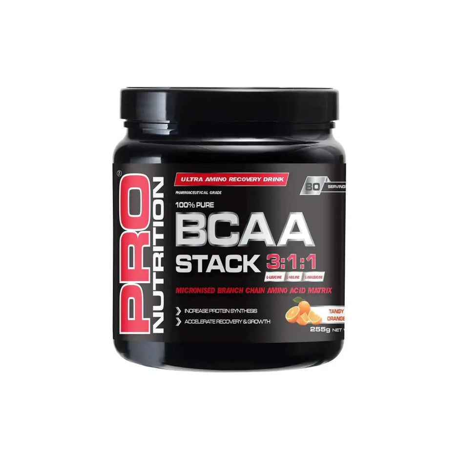 Black plastic container of pro nutrition bcaa stack 3 1 1 supplement in tangerine orange flavor for muscle growth