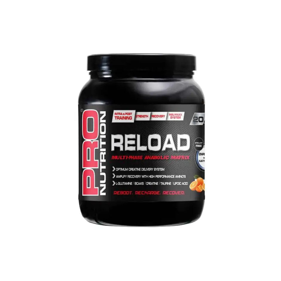 Pro Nutrition Reload black plastic container with red and white label multivitamin supplement for essential nutrients and muscle recovery