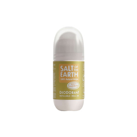 Salt of the Earth natural deodorant roll-on in eco-friendly packaging, featuring 100% natural ingredients for effective odor protection.