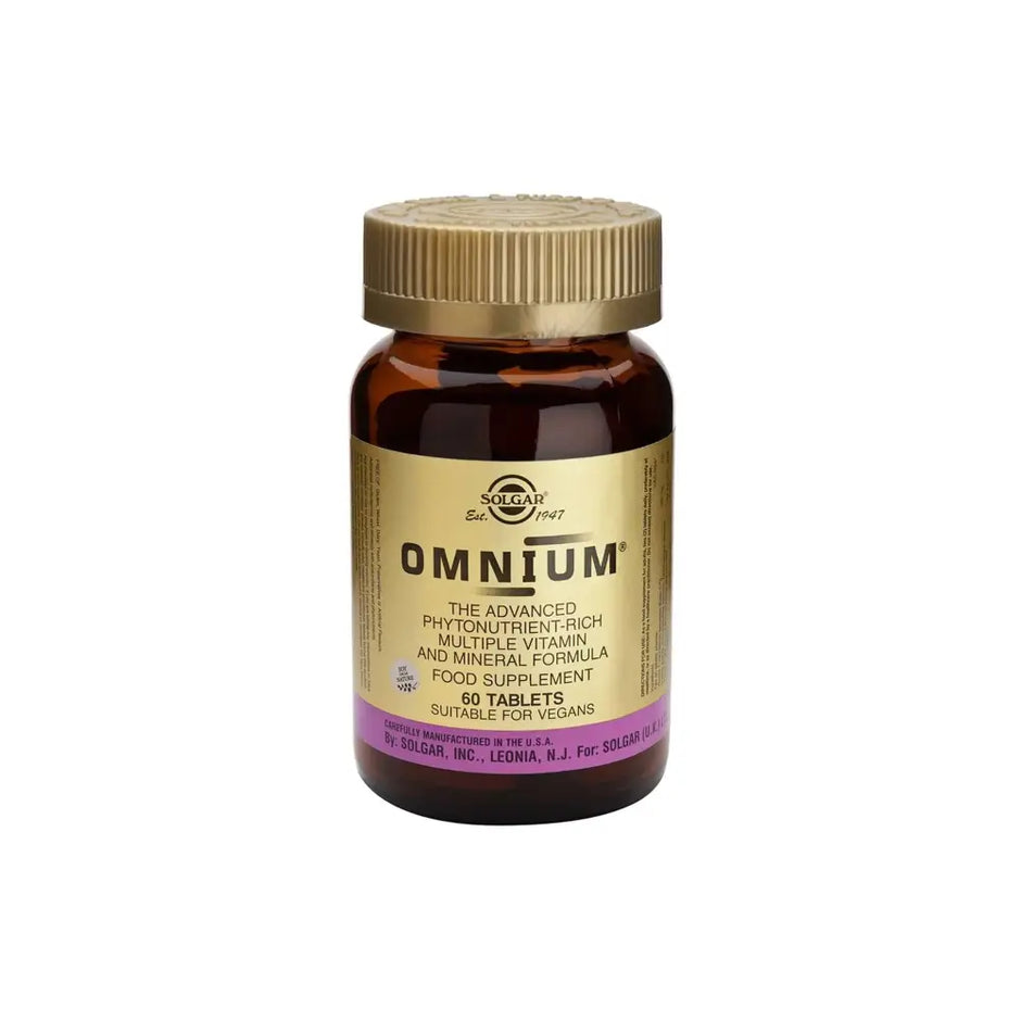 Solgar omnium brown glass bottle with gold cap and label containing 60 vegan tablets amino acid chelate multivitamin