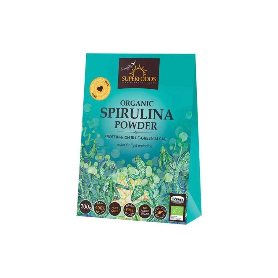 Teal bag of superfoods organic spirulina powder with vibrant blue-green algae illustration for wellness products