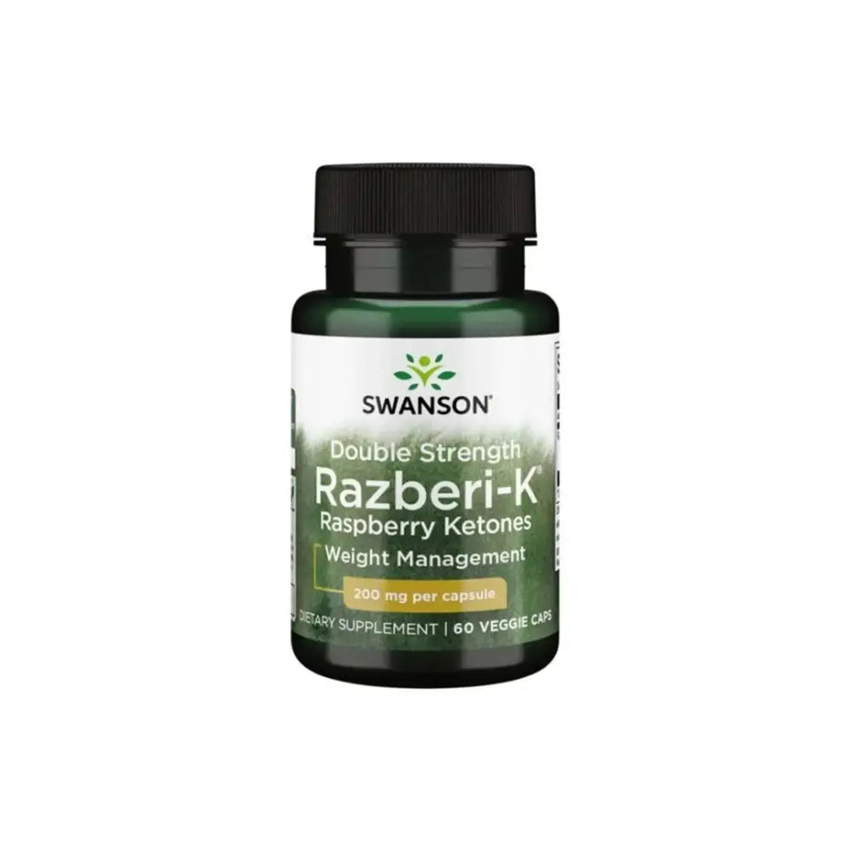 Swanson Razberi-K raspberry ketones weight management supplement in dark green bottle with white label and black cap
