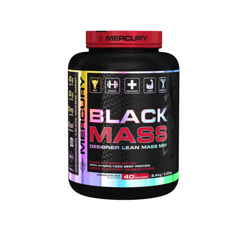 Tnt mercury black mass 2.4kg container with red lid features premium protein blend for optimal muscle growth