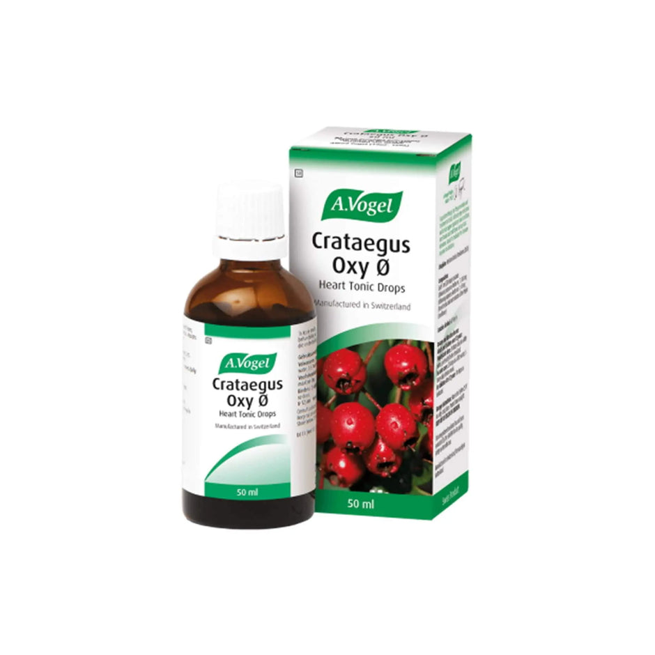 A.Vogel Crataegus Oxy heart tonic drops in a 50ml bottle with packaging, promoting heart health and circulation.