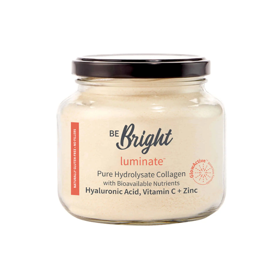 Be Bright Luminate collagen jar with Hyaluronic Acid, Vitamin C, and Zinc for skin hydration and brightening.