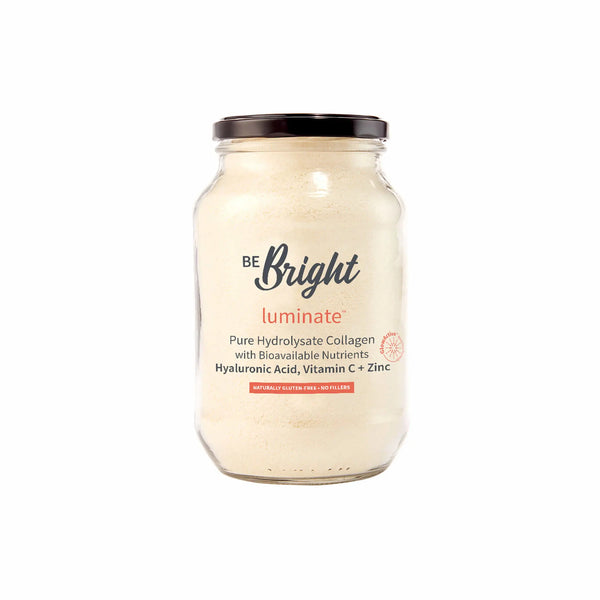 Be Bright Luminate collagen jar with hydrating ingredients like Vitamin C, Hyaluronic Acid, and Zinc for youthful skin.
