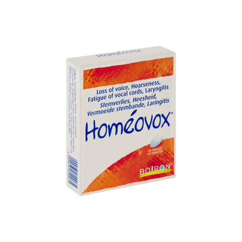 Boiron Homeovox packaging for relief of hoarseness, loss of voice, and laryngitis in homeopathic tablets.
