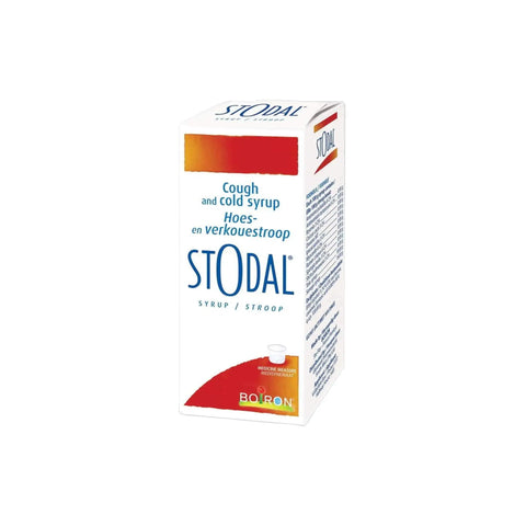 Boiron Stodal Syrup for cough and cold relief, homeopathic remedy in a white and orange packaging.