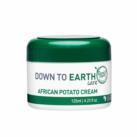 Jar of Down To Earth African Potato Cream, a moisturizing anti-inflammatory cream for dry and inflamed skin, 125ml.