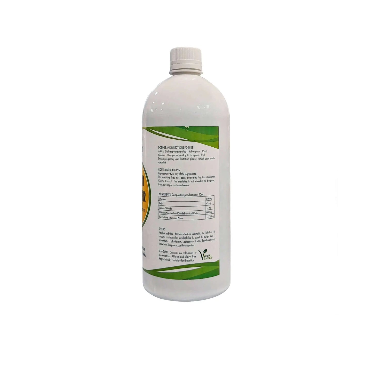 Bottle of Efficient Microbes Health Booster Extra Strength with label displaying ingredients and usage instructions.