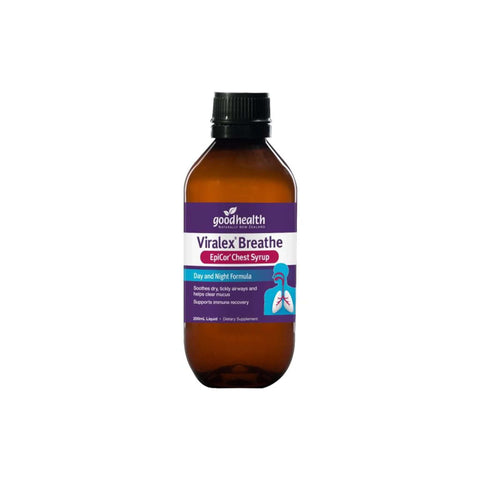 Good Health Viralex Breathe EpiCor Chest Syrup bottle, supporting respiratory and immune health with natural ingredients.