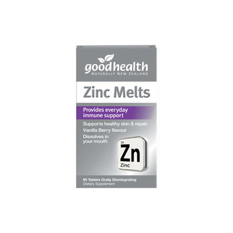 Good Health Zinc Melts box, vanilla berry flavor, 60 tablets for immune support and healthy skin maintenance.
