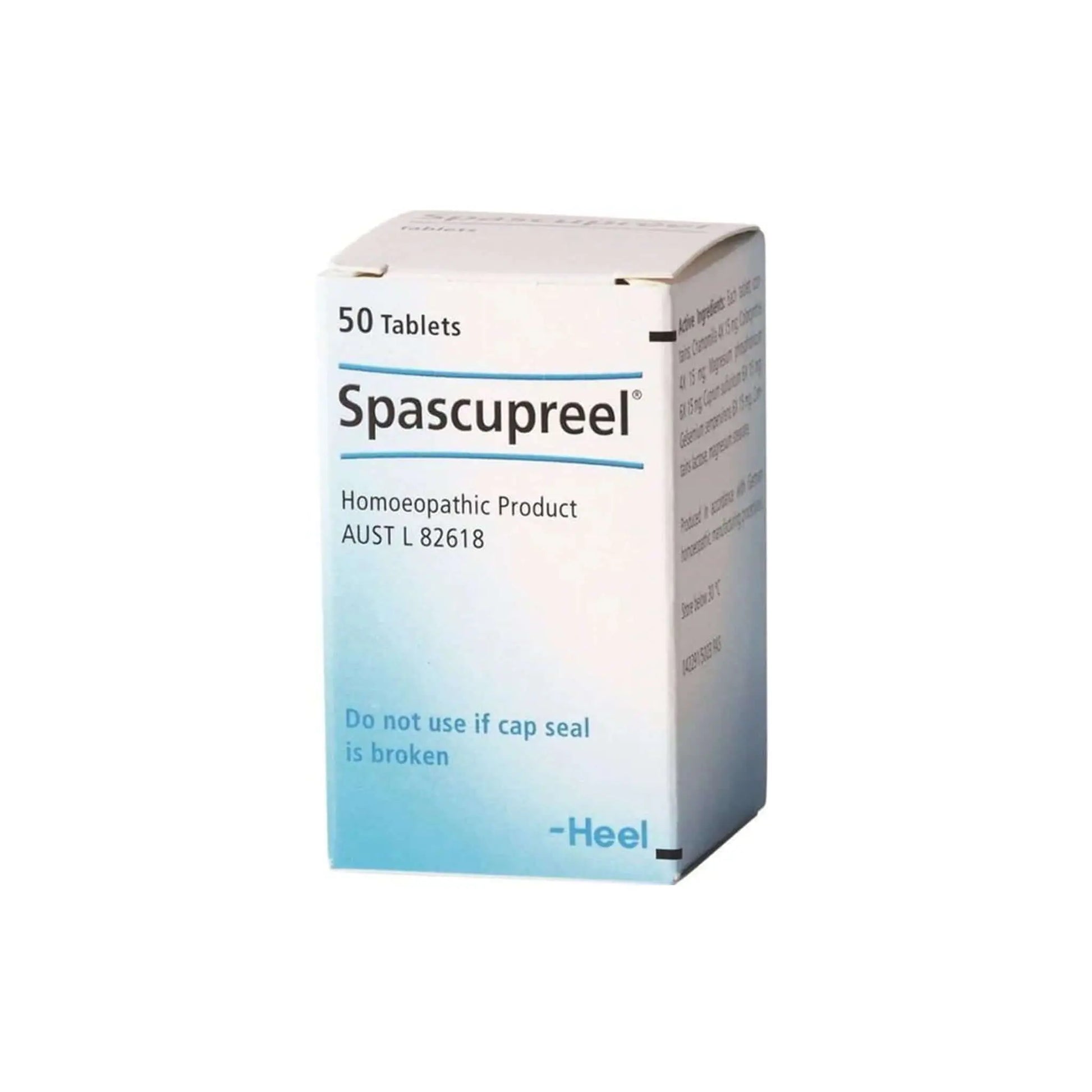 Heel Spascupreel homeopathic remedy box for spasms and cramps, 50 tablets, safe for use if cap seal is intact.