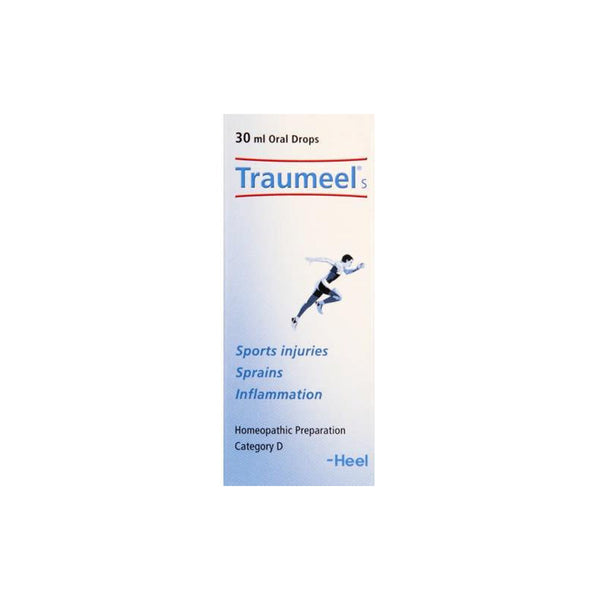 Heel Traumeel Drops 30ml packaging for sports injuries, sprains, and inflammation in a homeopathic formula.