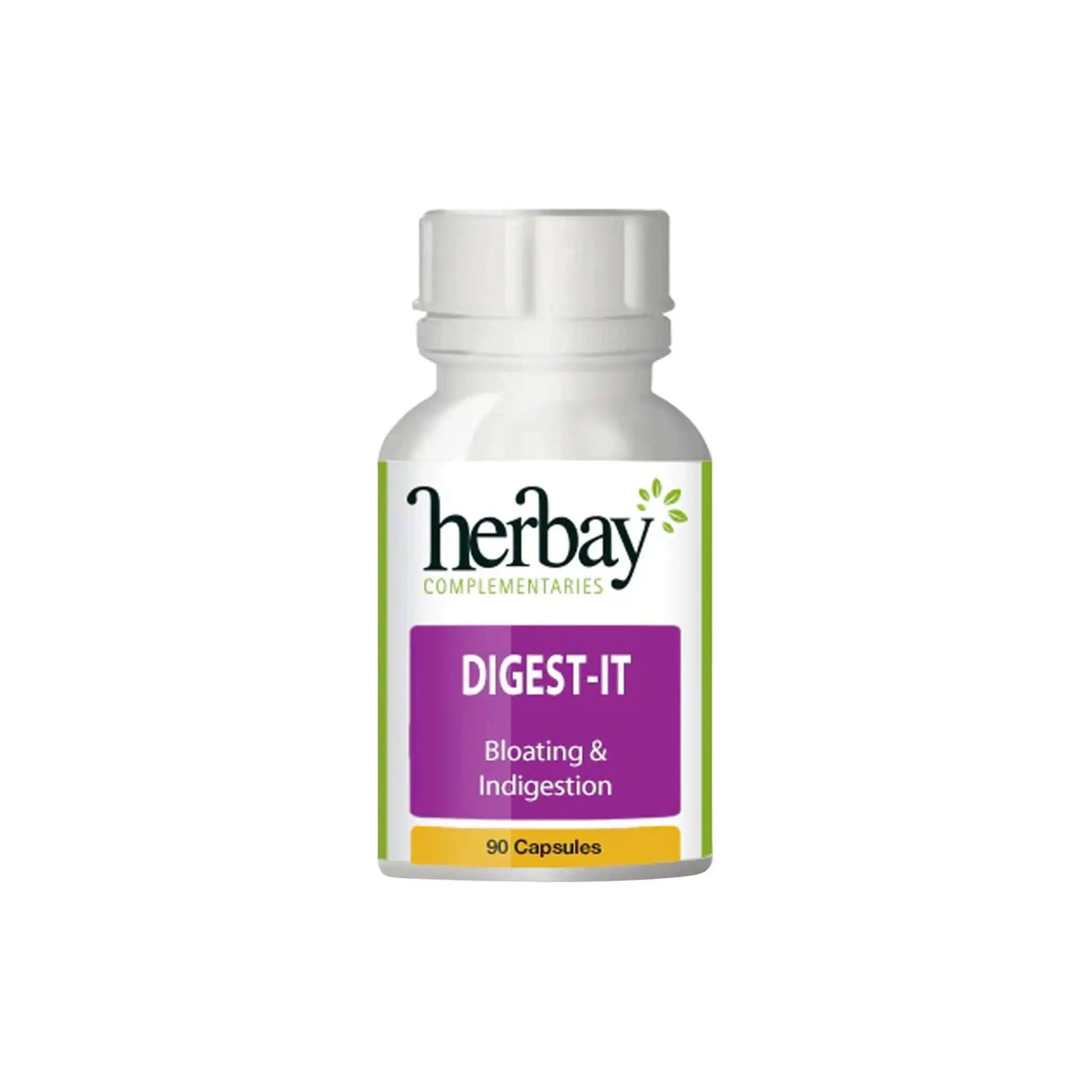 Herbay Digest-It supplement bottle for bloating and indigestion relief, featuring 90 capsules.