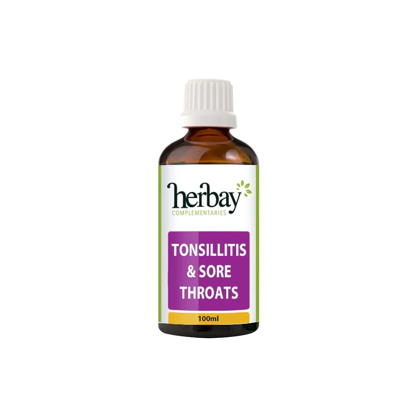 Herbay Tonsillitis & Sore Throat natural remedy in a 100ml bottle for soothing sore throats and tonsillitis symptoms.