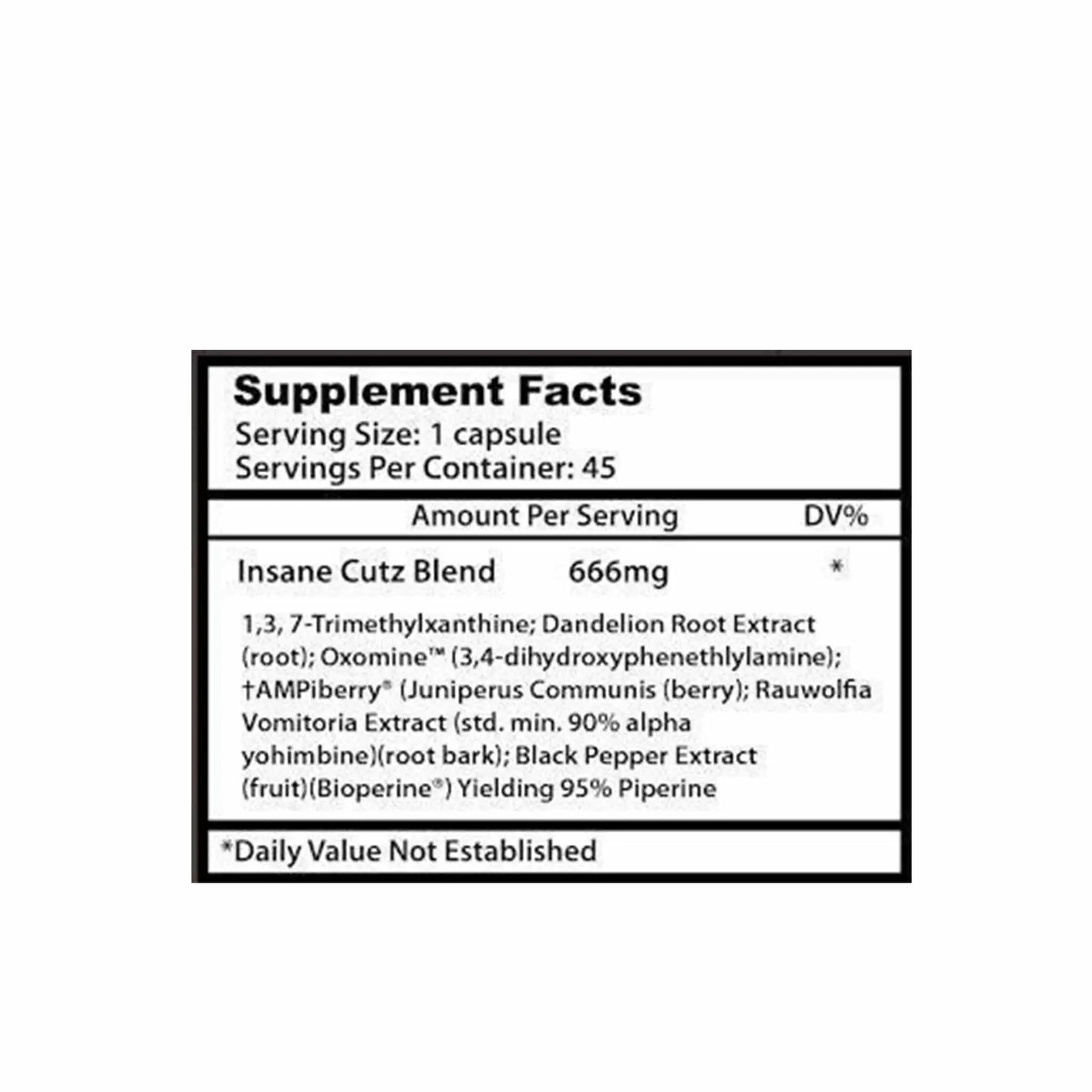 Supplement facts for Insane Labz Insane Cutz, showing ingredients and their amounts per serving in a clear format.