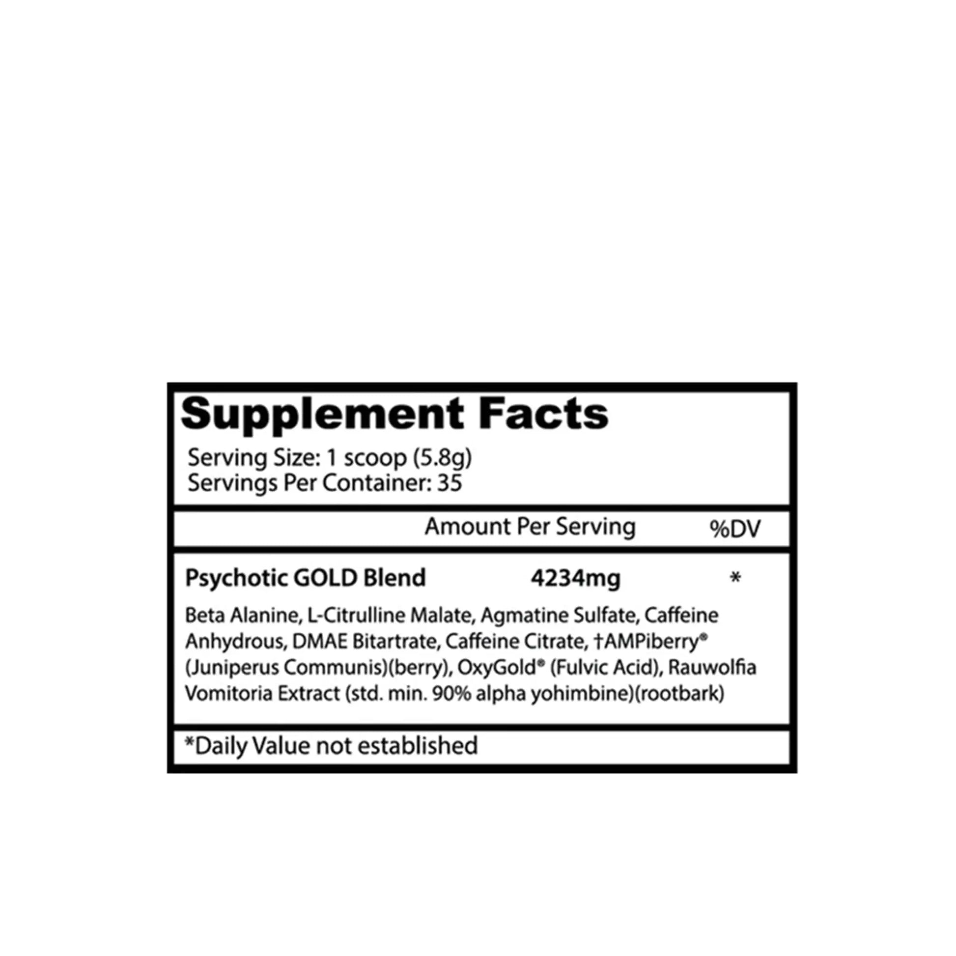 Supplement facts label for Insane Labz Psychotic Gold pre-workout, detailing ingredients and nutritional information.