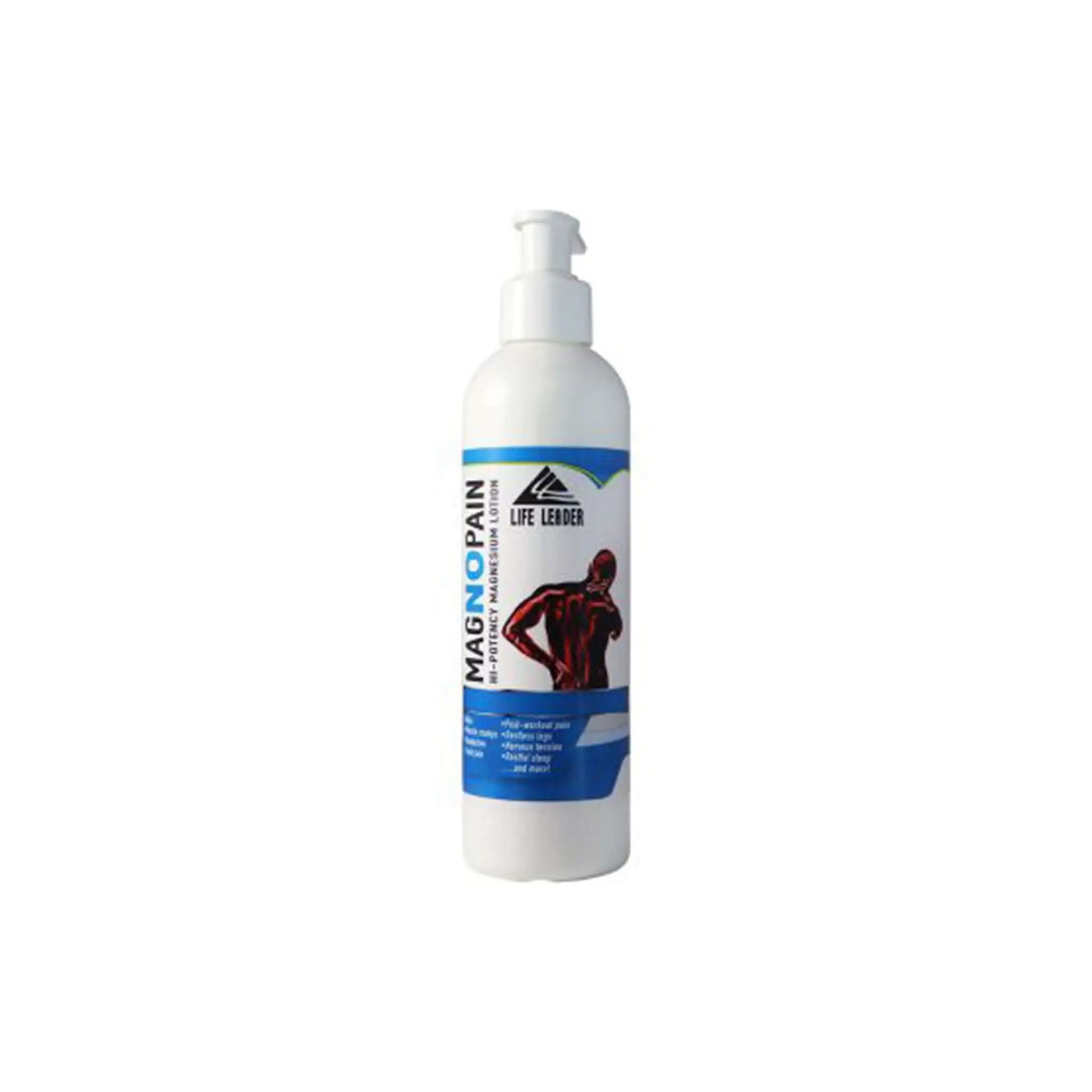 Life Leader Magnopain lotion bottle with pump, enriched with natural butters and bioavailable magnesium for inflammation relief.
