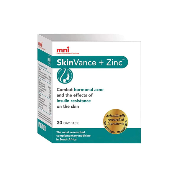 MNI SkinVance + Zinc packaging, designed to combat hormonal acne and improve skin health, 30-day supplement.