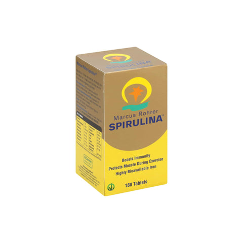 Marcus Rohrer Spirulina supplement box with 180 tablets, promoting immunity and muscle protection during exercise.