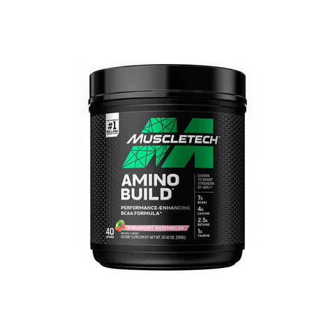 Muscletech Amino Build 40 Serving BCAA supplement for muscle growth and recovery in a black container.