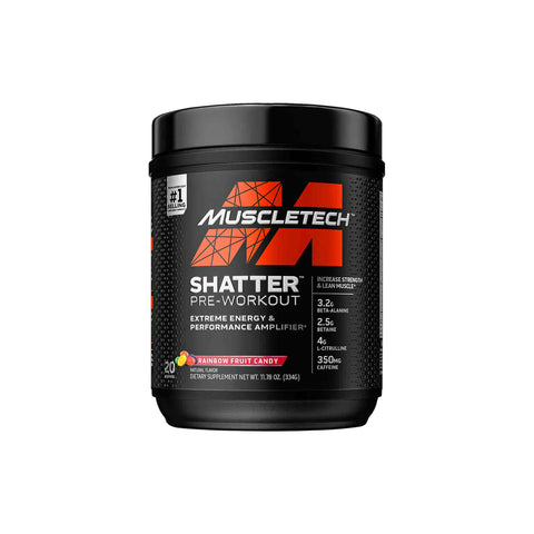 Muscletech Shatter Pre-Workout in Rainbow Fruit Candy flavor, featuring 3.2g beta-alanine and 350mg caffeine for energy.