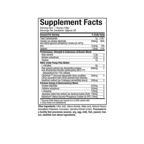 Muscletech Shatter Pre-Workout in Rainbow Fruit Candy flavor, featuring 3.2g beta-alanine and 350mg caffeine for energy.