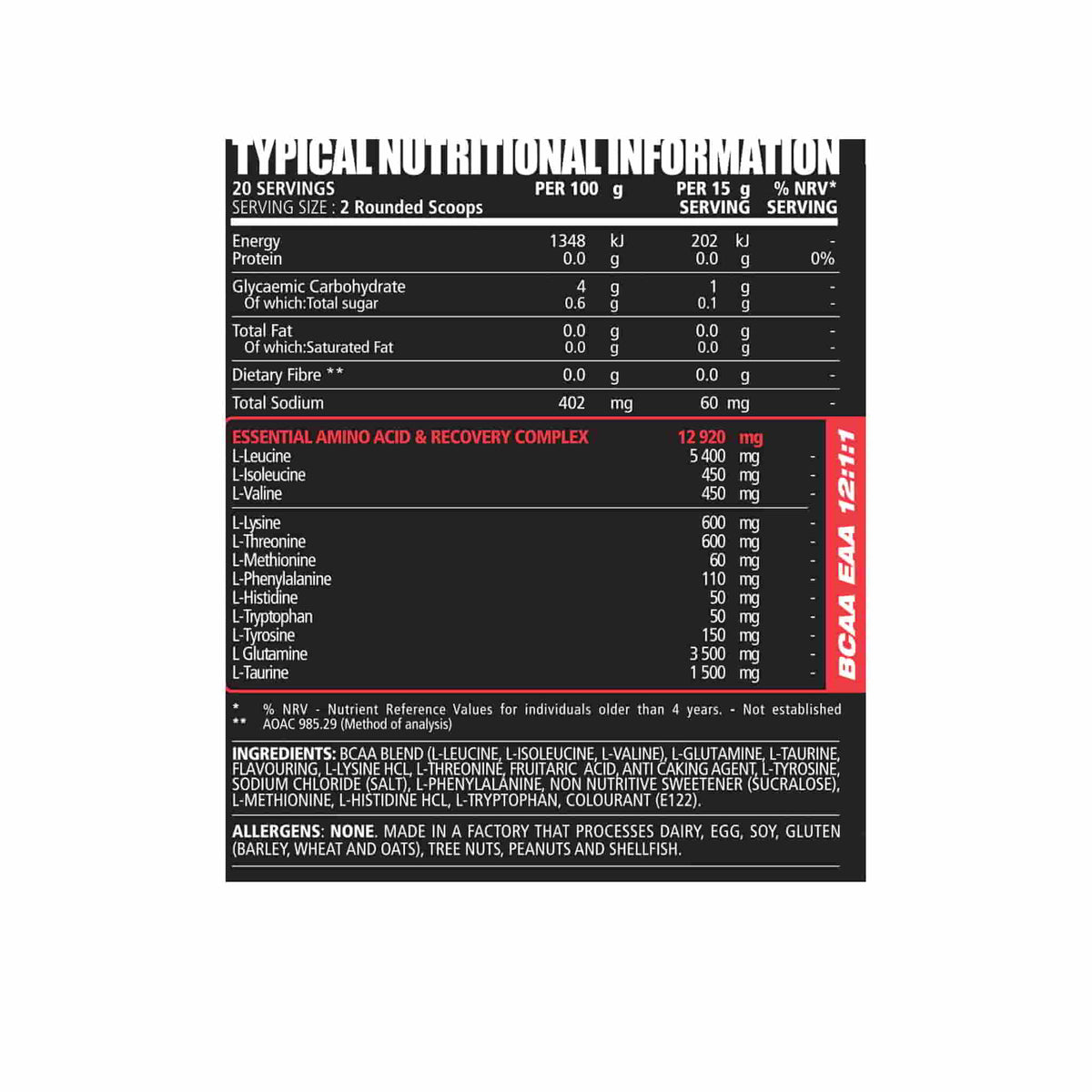 Nutritional information label for NPL BCAA EAA supplement, detailing amino acid content and servings.