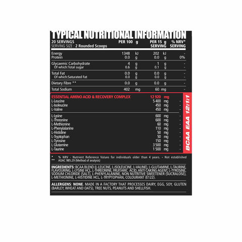 NPL BCAA EAA supplement container featuring 12:1:1 ratio, 300g, supports muscle recovery and growth, Strawberry flavor.