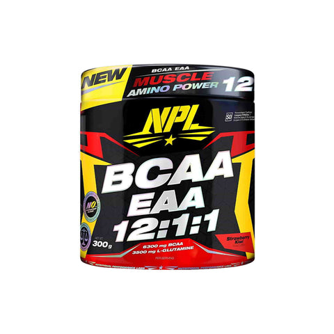 NPL BCAA EAA supplement container featuring 12:1:1 ratio, 300g, supports muscle recovery and growth, Strawberry flavor.