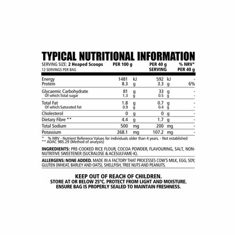 NPL Cream of Rice chocolate flavor pre-cooked cereal packaging, gluten-free, vegan, and energy-rich product.