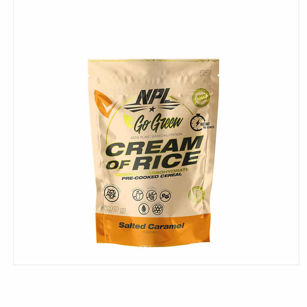 NPL Cream of Rice bag featuring Salted Caramel flavor, a gluten-free, pre-cooked carbohydrate cereal, 200g package.