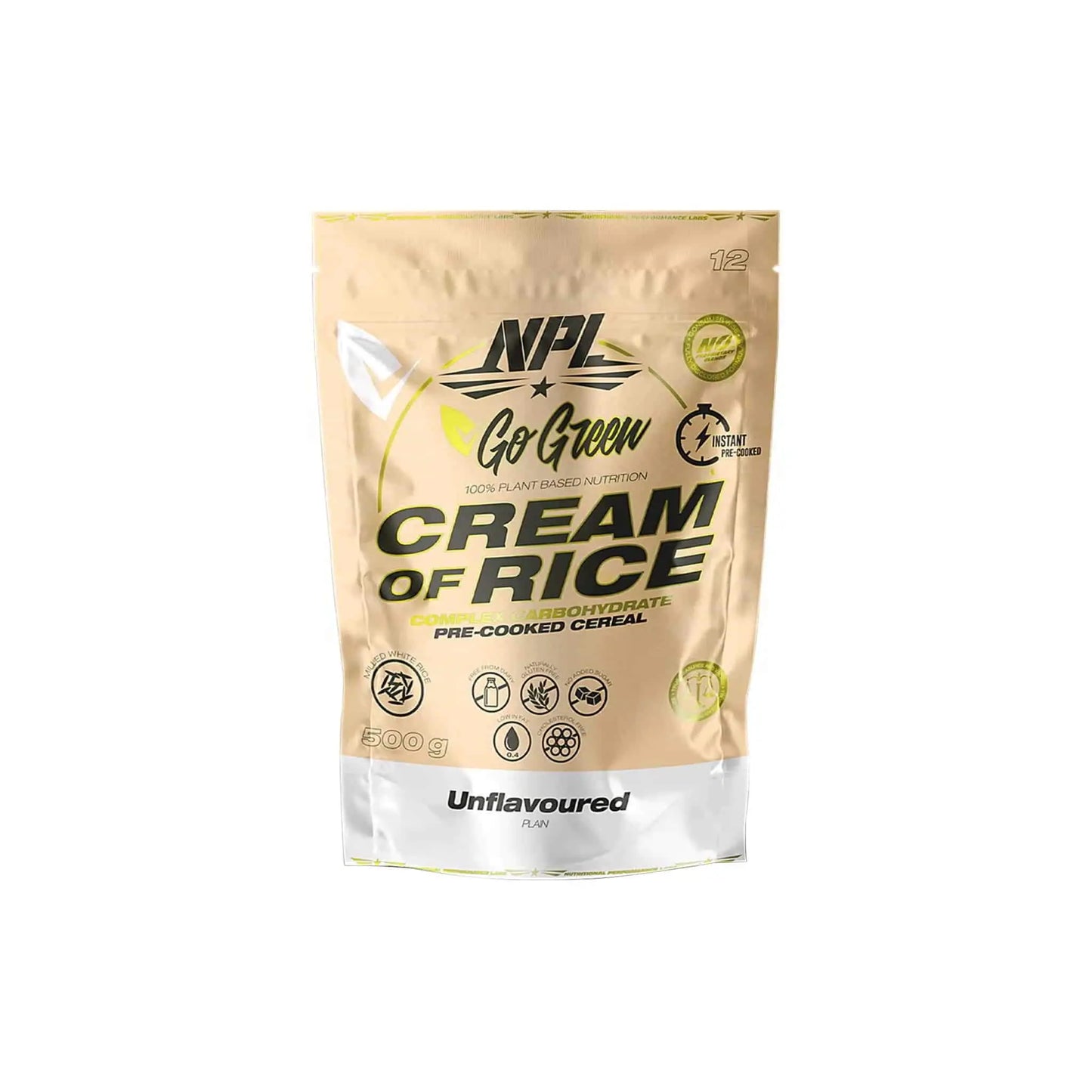 NPL Cream of Rice product bag, pre-cooked gluten-free cereal, 500g, unflavoured, high-energy complex carbohydrates.