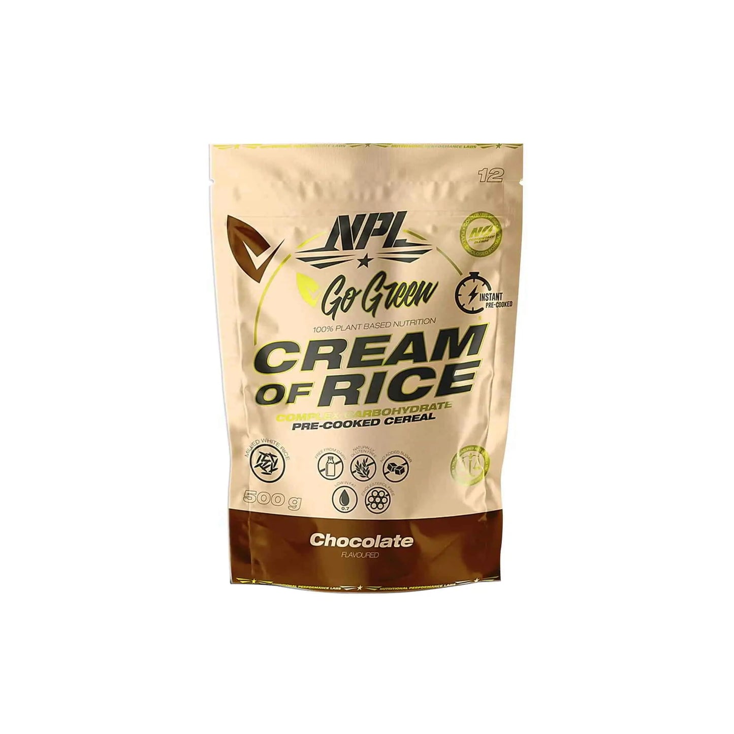 NPL Cream of Rice chocolate flavor pre-cooked cereal packaging, gluten-free, vegan, and energy-rich product.