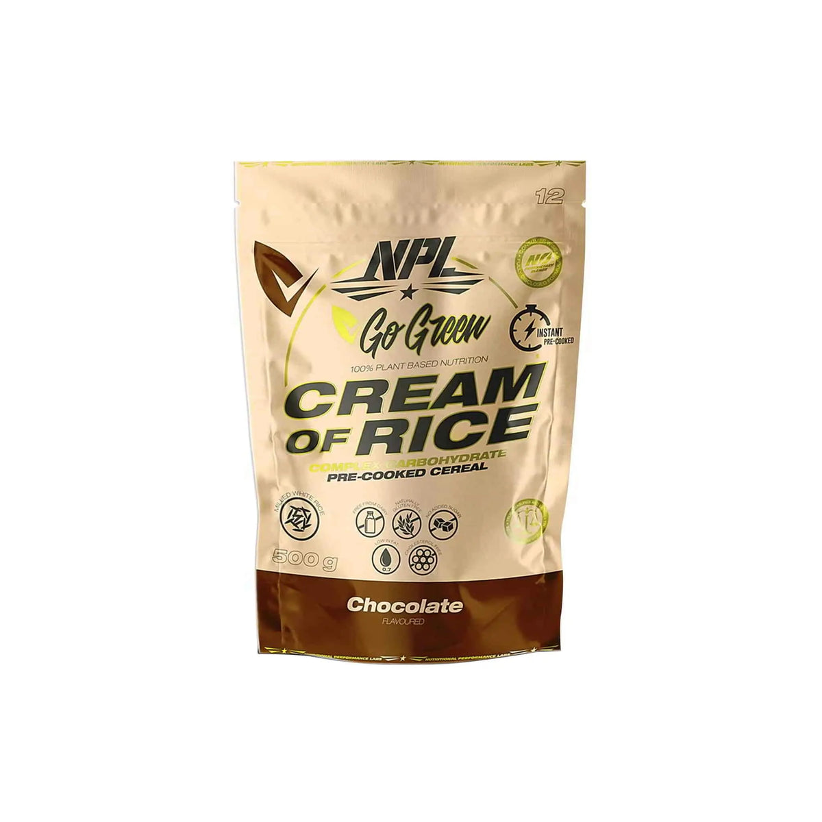 NPL Cream of Rice chocolate flavor pre-cooked cereal packaging, gluten-free, vegan, and energy-rich product.