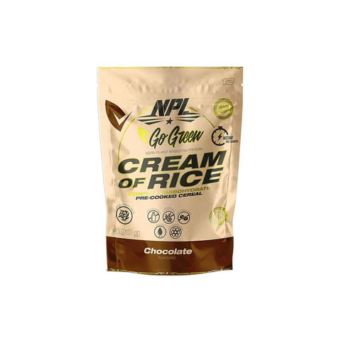 NPL Cream of Rice chocolate flavor pre-cooked cereal packaging, gluten-free, vegan, and energy-rich product.