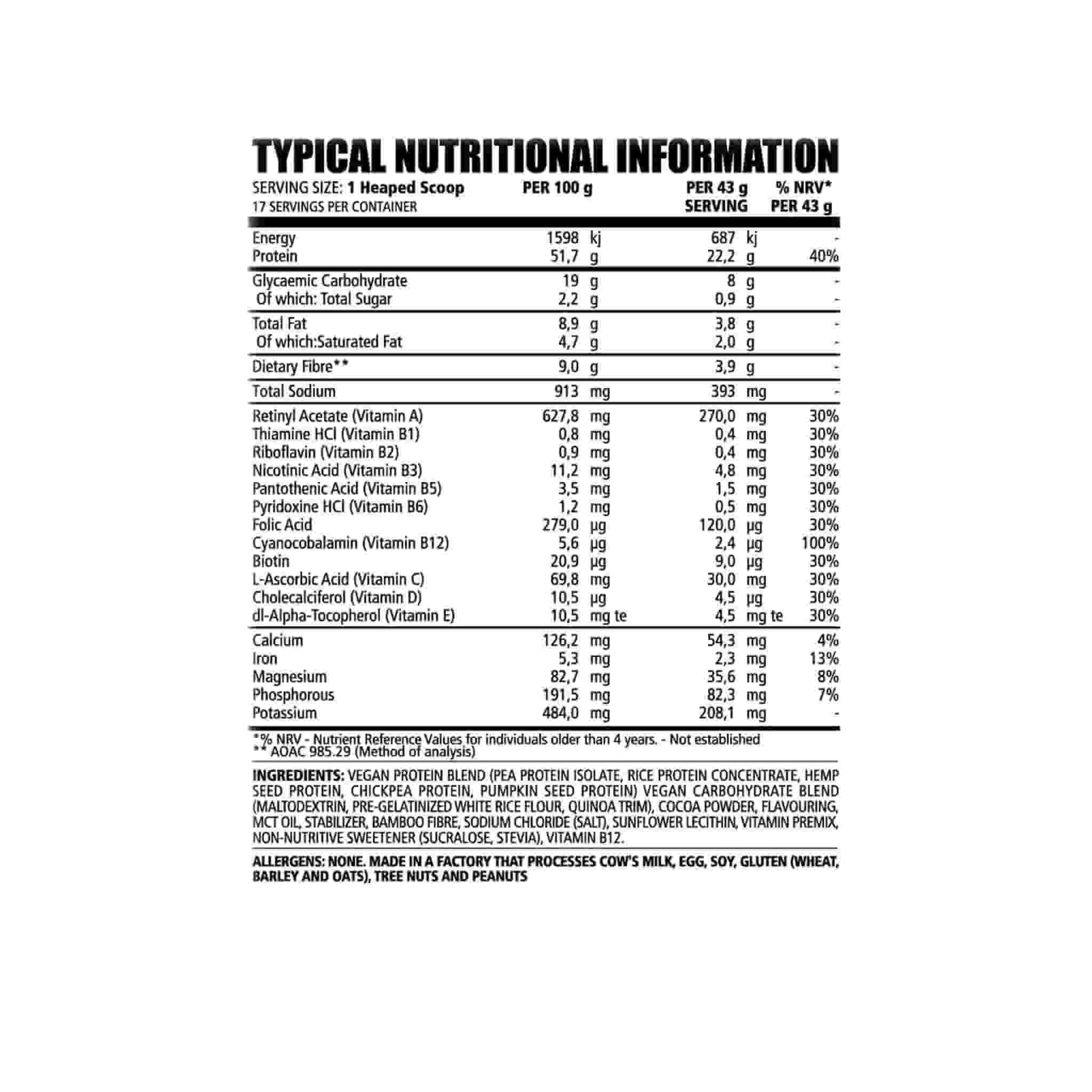 Nutritional information for NPL Vegan Protein, detailing ingredients, serving size, and vitamins.