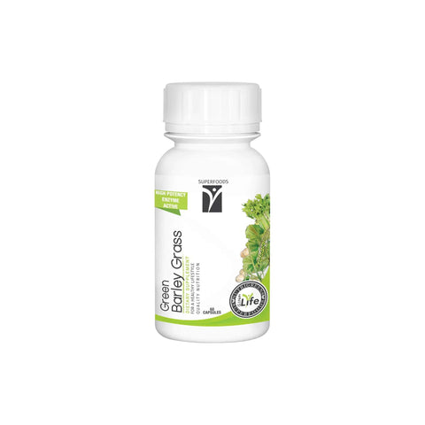 Green Barley Grass supplement bottle, rich in nutrients for health and vitality, featuring active enzymes and chlorophyll.
