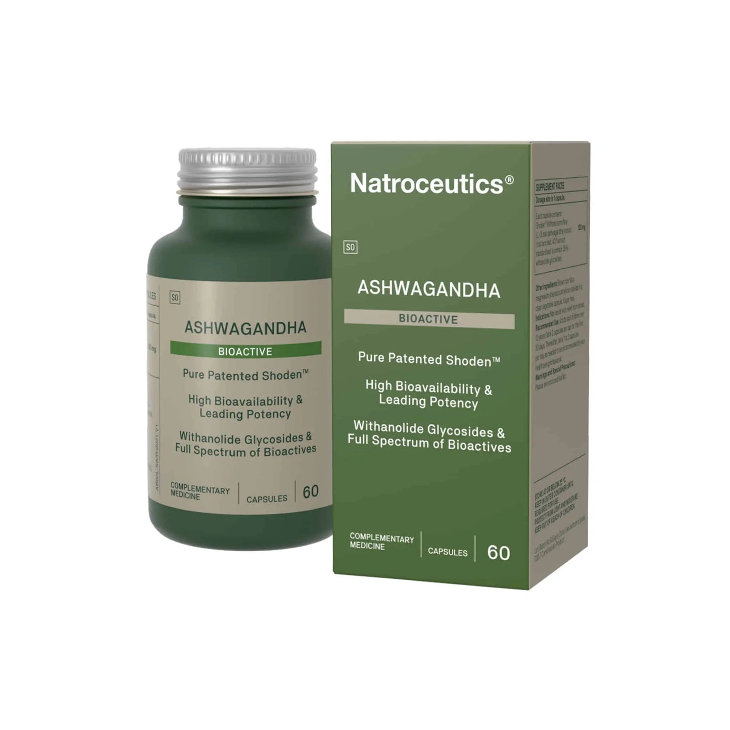 Natroceutics Ashwagandha supplement bottle and box featuring Shoden extract and bioactive benefits.