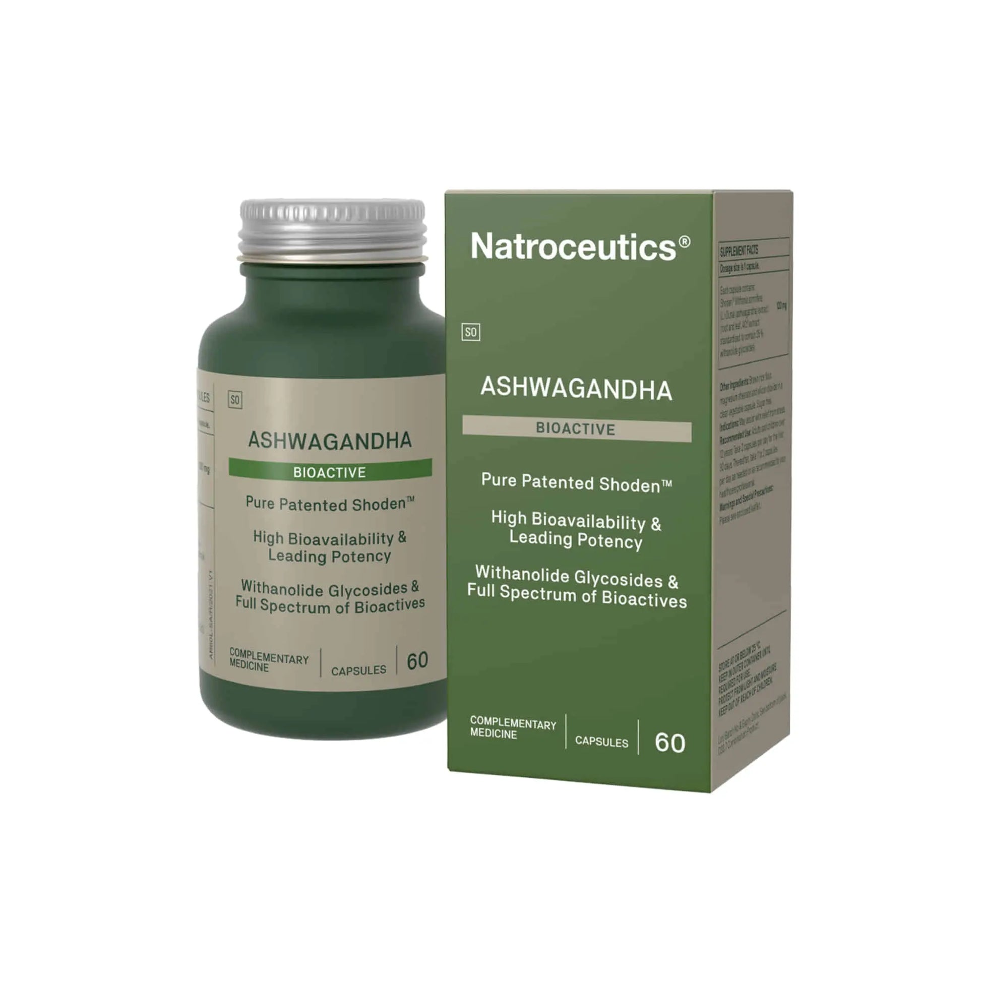 Natroceutics Ashwagandha supplement bottle and box featuring Shoden extract and bioactive benefits.