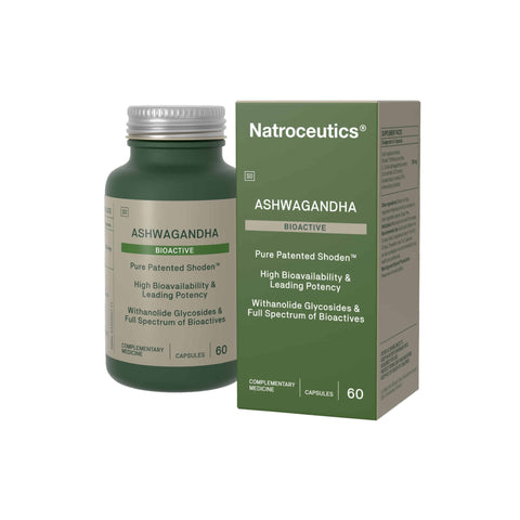 Natroceutics Ashwagandha supplement bottle and box featuring Shoden extract and bioactive benefits.