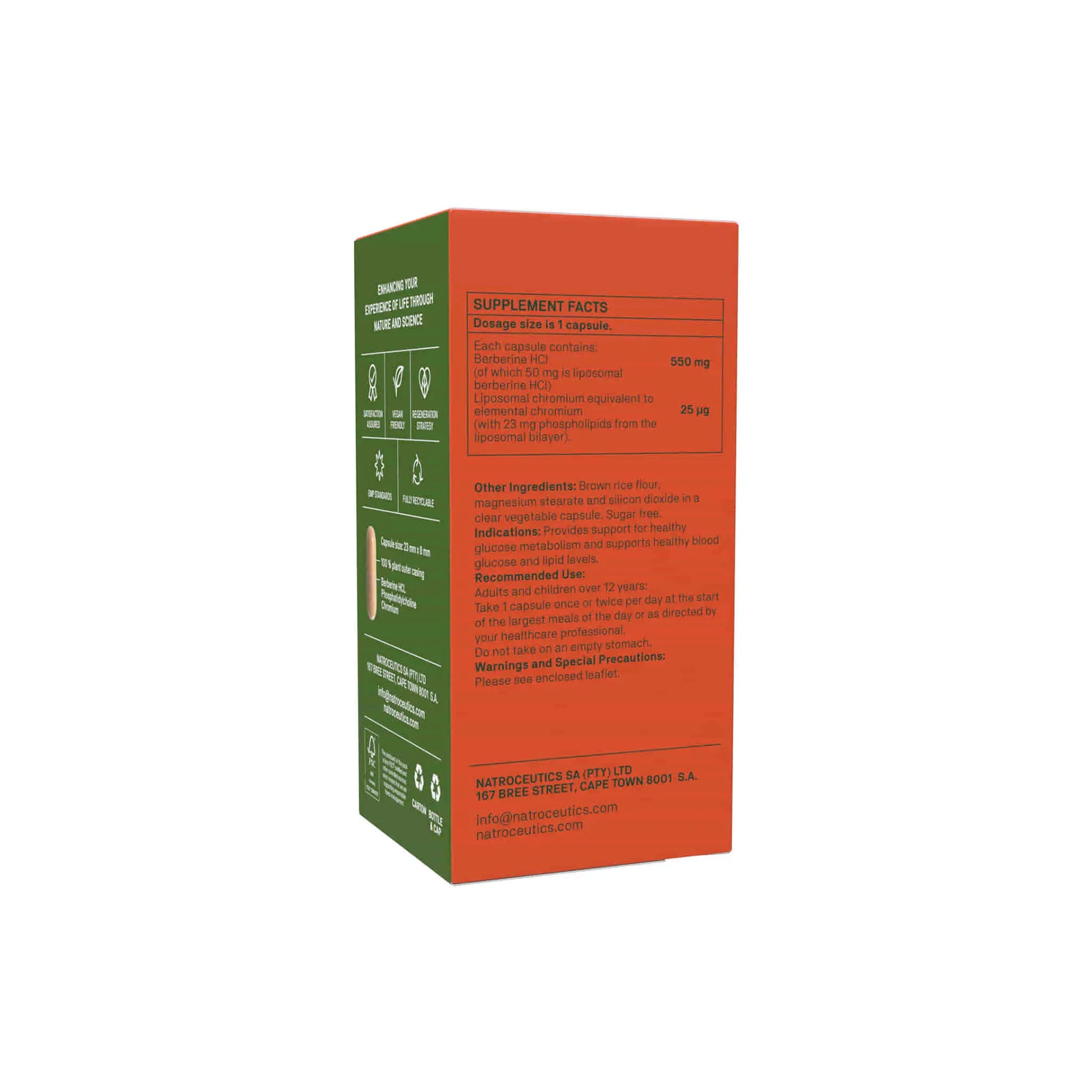 Supplement facts and ingredients of Natroceutics Berberine Complex box, highlighting dosage and nutritional information.