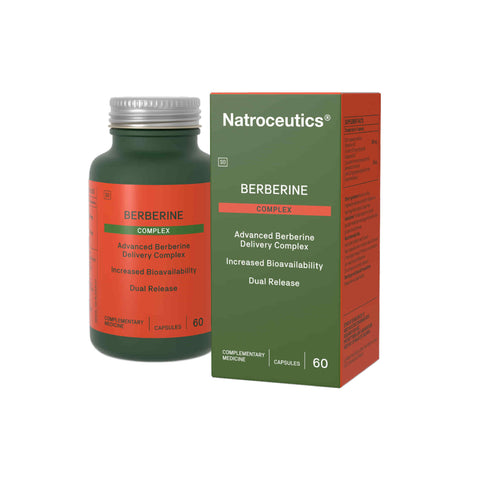 Natroceutics Berberine Complex capsules with packaging, promoting increased bioavailability and dual release.