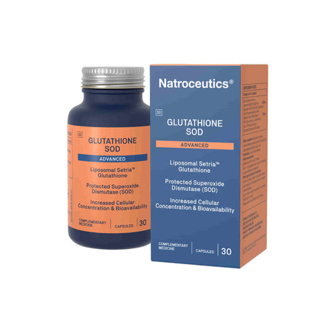 Natroceutics Glutathione SOD Advanced supplement bottle and box, featuring antioxidant and immune support benefits.
