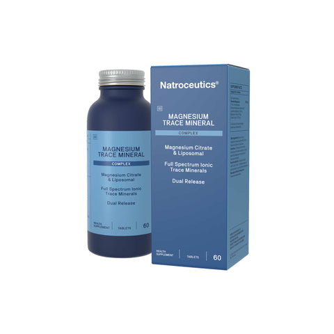 Natroceutics Magnesium Complex bottle and box showcasing magnesium citrate and liposomal trace minerals for health.