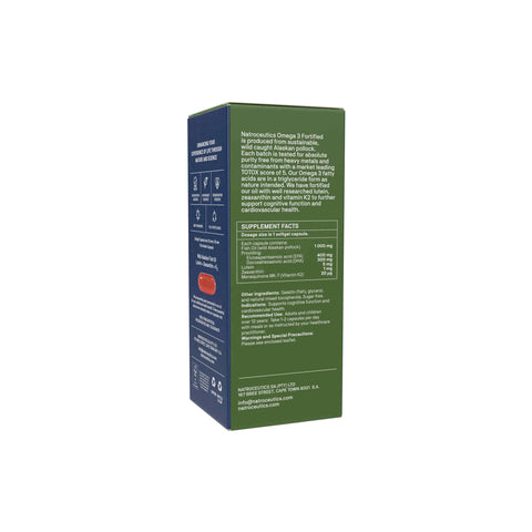 Natroceutics Omega 3 Fortified bottle and packaging, featuring sustainable Alaskan pollock, labeled with EPA and DHA content.