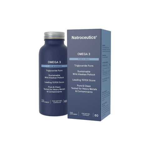 Natroceutics Omega 3 Pure & Wild supplement bottle with box, featuring sustainable wild Alaskan pollock and high purity.
