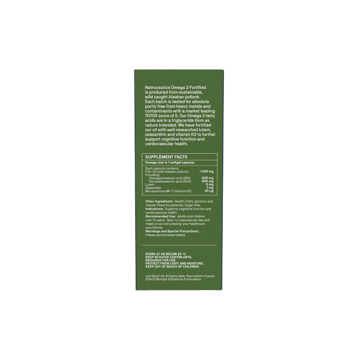 Natroceutics Omega 3 supplement facts label highlighting purity, potency, and EPA content for optimal health.