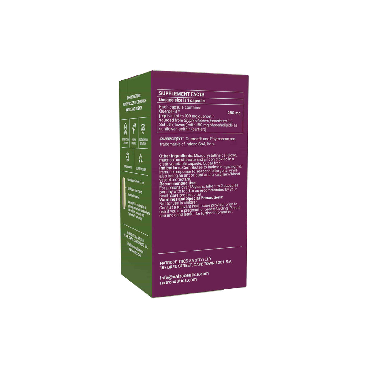Supplement facts for Natroceutics Quercetin Bio-Active box, highlighting dosage and ingredients.